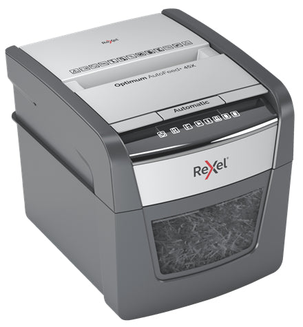 Rexel Optimum AutoFeed 45X – Aktenvernichter mit Autofeed für 45 Blatt, DIN P-4, Partikelschnitt 4 × 28 mm, 20 l