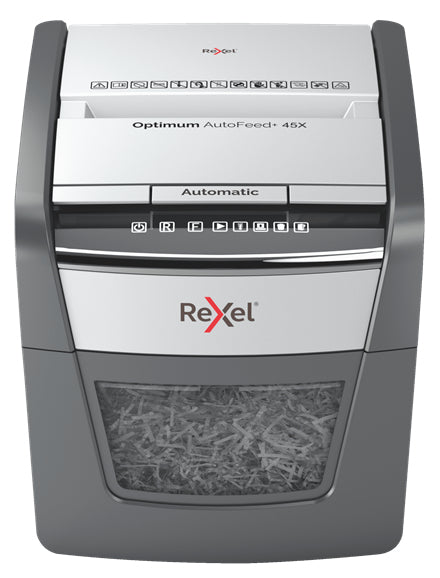 Rexel Optimum AutoFeed 45X – Aktenvernichter mit Autofeed für 45 Blatt, DIN P-4, Partikelschnitt 4 × 28 mm, 20 l