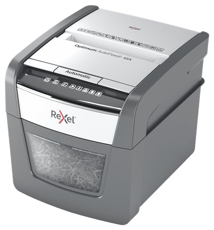Rexel Optimum AutoFeed 45X – Aktenvernichter mit Autofeed für 45 Blatt, DIN P-4, Partikelschnitt 4 × 28 mm, 20 l