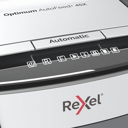 Rexel Optimum AutoFeed 45X – Aktenvernichter mit Autofeed für 45 Blatt, DIN P-4, Partikelschnitt 4 × 28 mm, 20 l