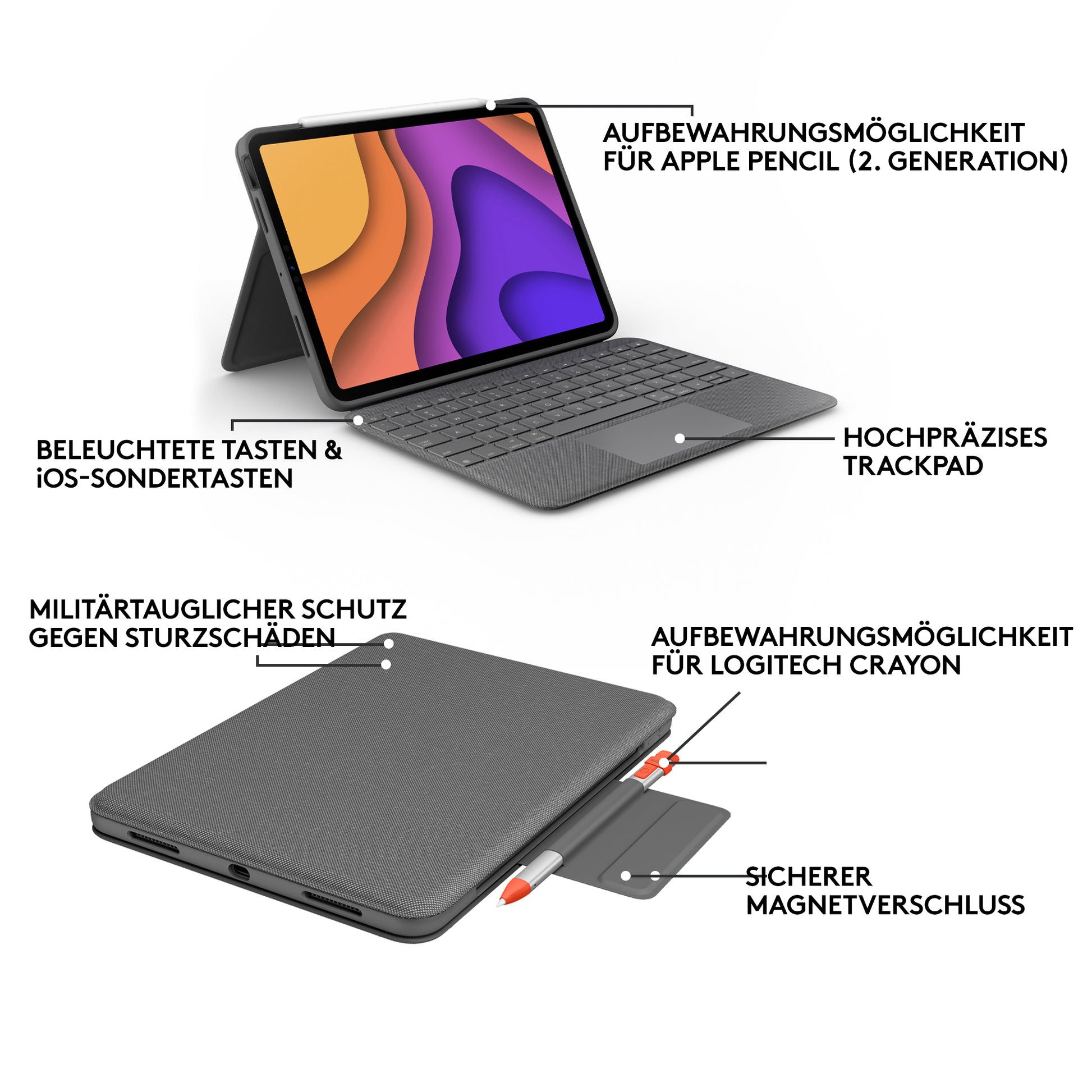 Logitech Folio Touch – Tastatur, CH-Layout (DE-CH), mit Touchpad, Grau – für iPad Air (4. Generation)