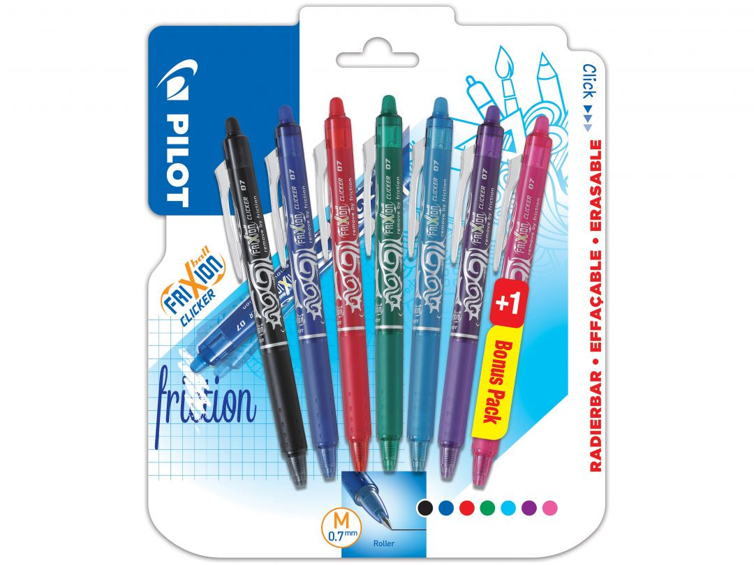 Pilot FriXion Ball Clicker – Radierbarer Tintenroller-Set, 0,7 mm, Schwarz/Blau/Rot u. a., 7er Etui