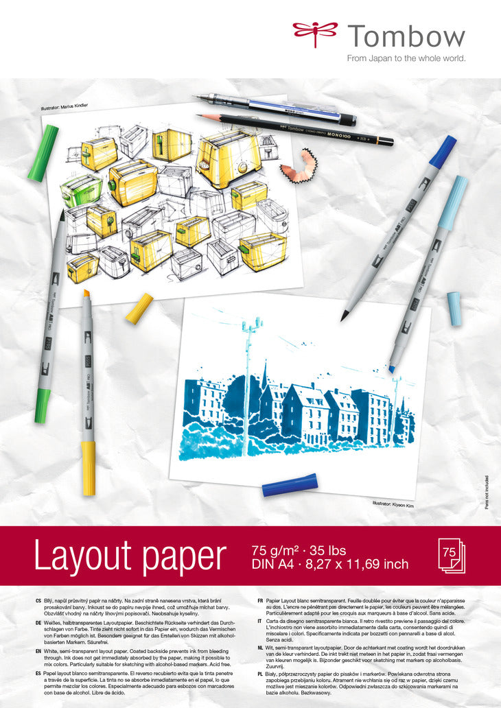 Tombow Layoutpapier, Papier, 20 × 29,7 cm, weiss halbtransparent, 75 Blatt