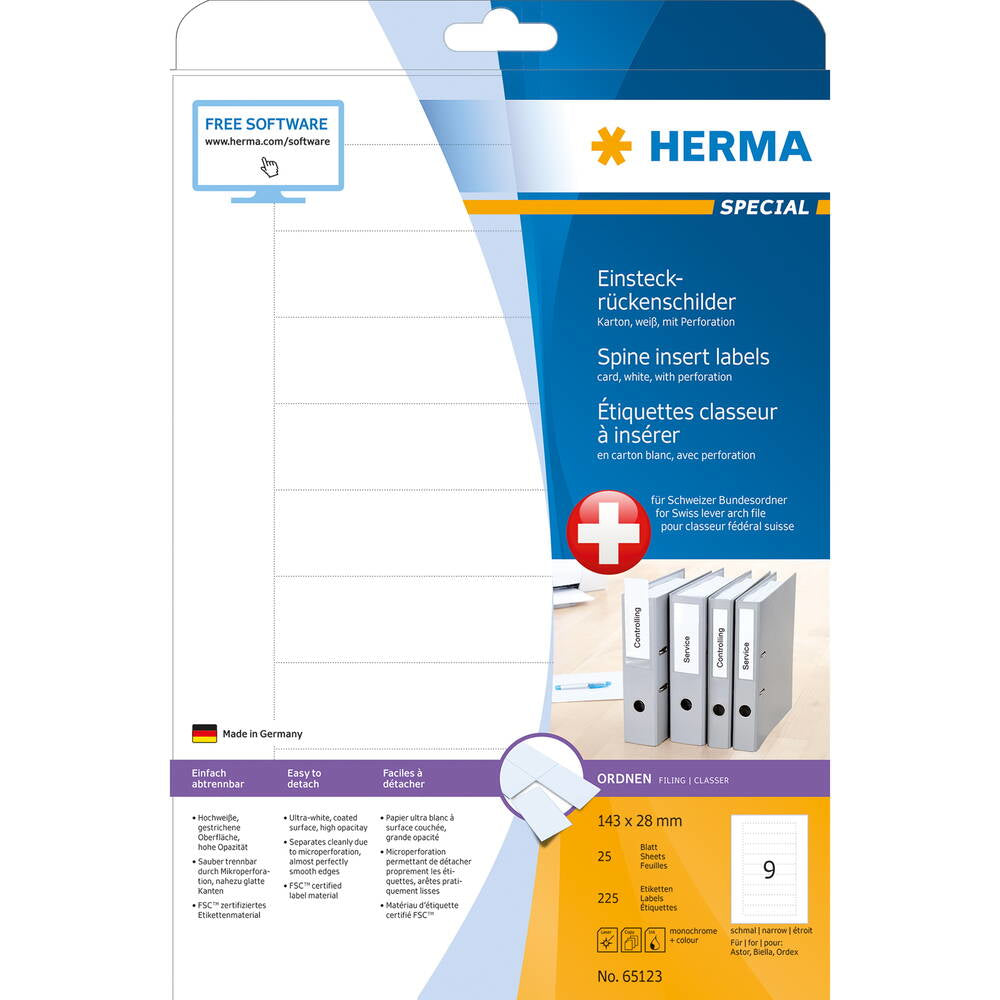 HERMA Schuletiketten – für Rückenbreite 4 cm – 28×143 mm, 225 Stk, 25 Bogen, Papier, nicht klebend