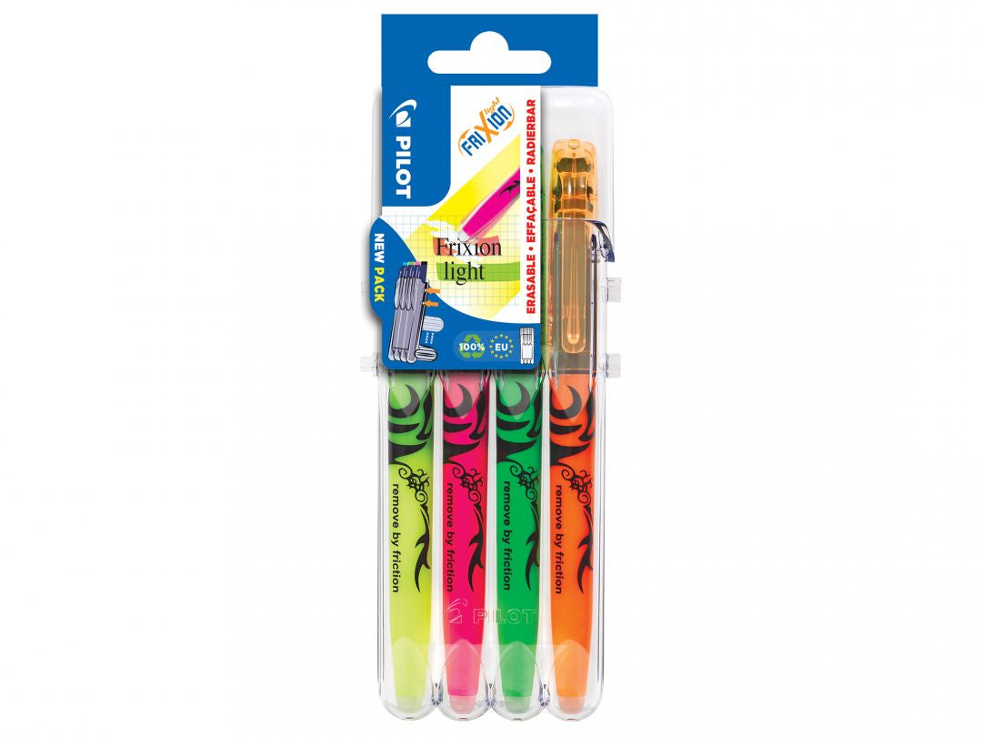 Pilot FriXion Light Textmarker – 4er Set, Farben: Grün/Orange/Pink, Spitze 3,3 mm, radierbar