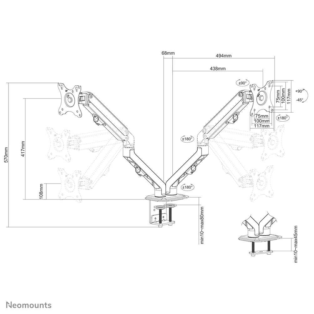 Neomounts Monitorarm, Tischklemme/Tischdurchführung, bis 27", VESA 100 × 100 mm, 7 kg, Neigen/Schwenken