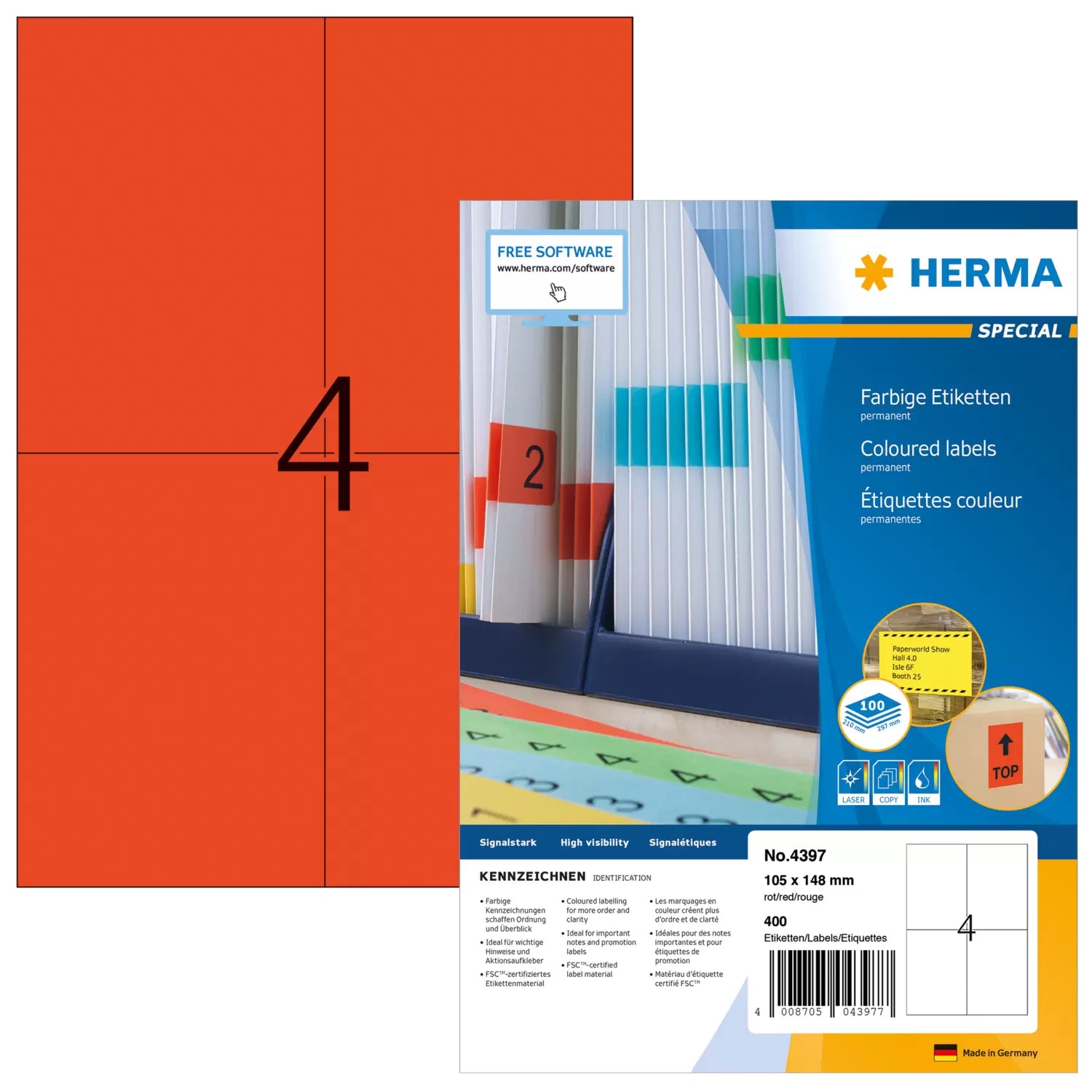 HERMA Druckeretiketten, 105 mm × 148 mm, rot, Papier, permanent, 400 Etiketten (100 Blatt)