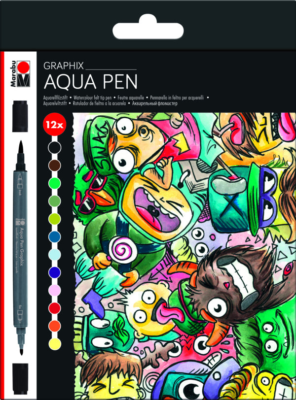 Marabu Aqua Pen Graphix Filzstifte, Doppelspitze – Feine Spitze, wasservermalbar, 12 Farben