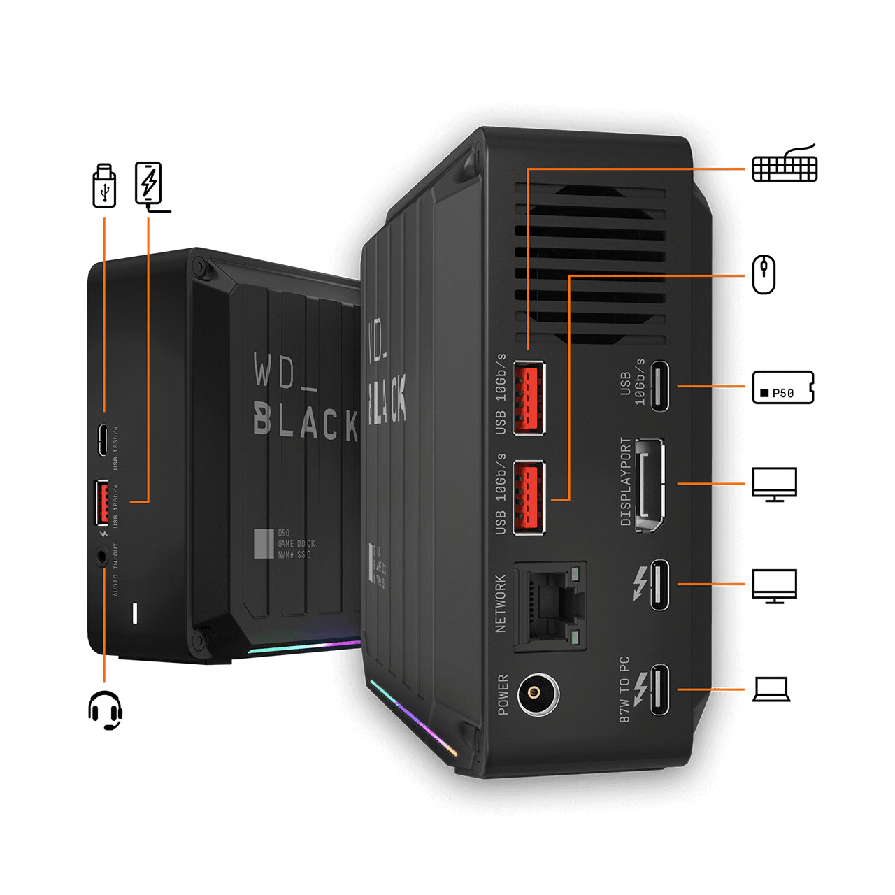 Western Digital D50 Dockingstation – Thunderbolt 3, DP, 2× USB-A, 3× USB-C, 1 TB SSD, GbE, für Windows/Mac