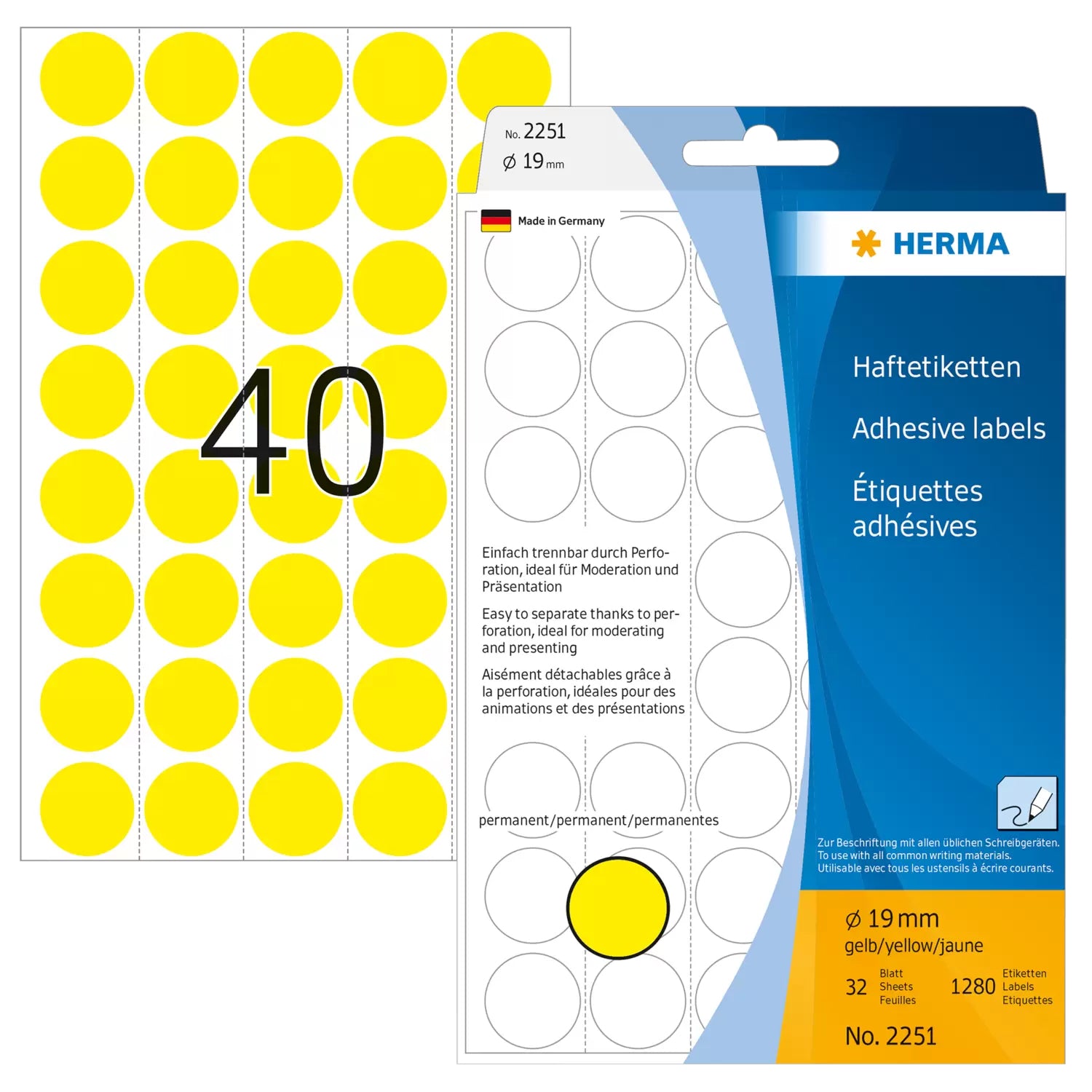 HERMA Schmucketiketten – Papier, 1280 Stk, 32 Bogen, Ø 19 mm, permanent haftend