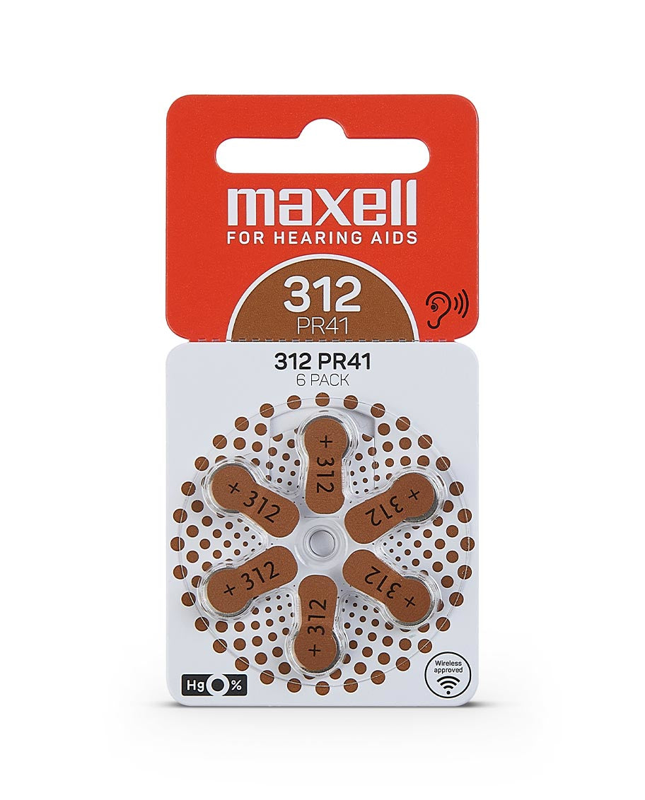 Maxell Hörgerätebatterien 312 (PR41), Zink-Luft, 1,45 V – 6 Stk.