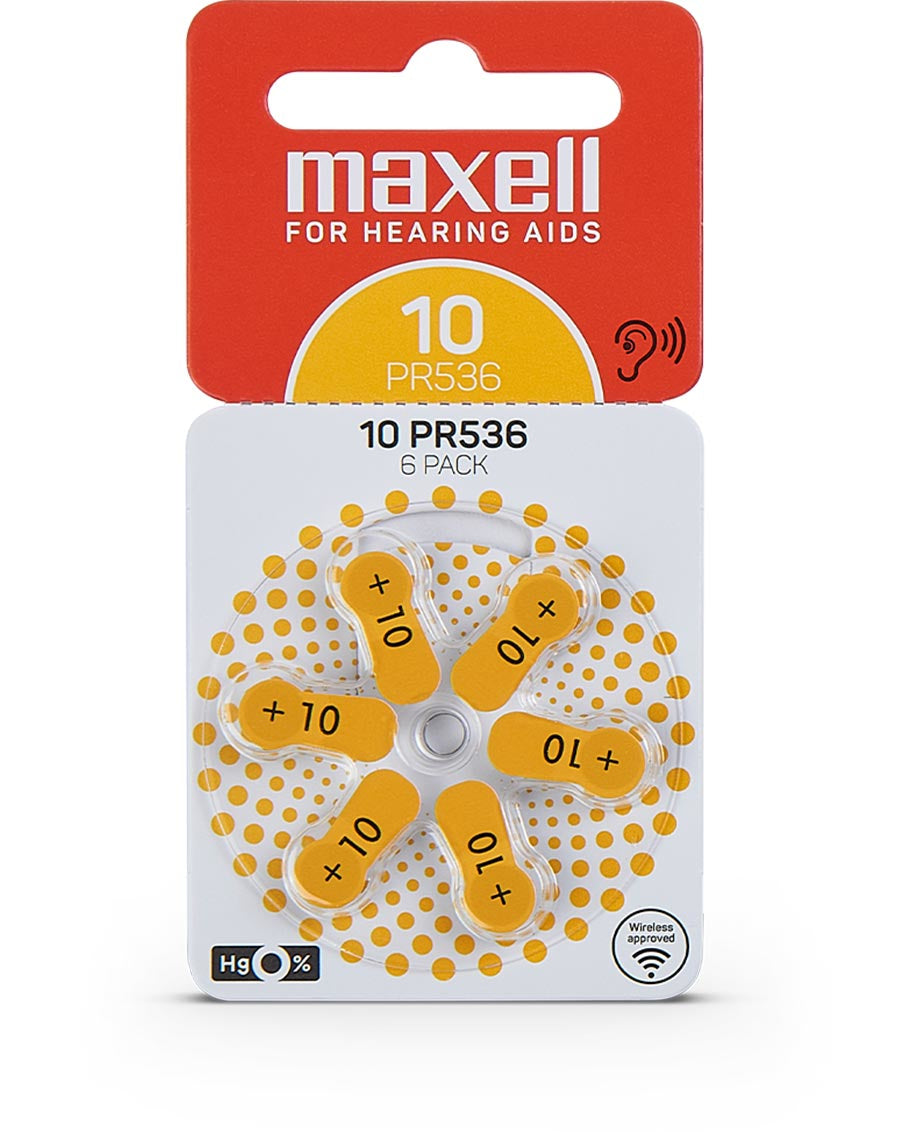 Maxell Hörgerätebatterien 10 (PR70), Zink-Luft, 1,45 V – 6 Stk.
