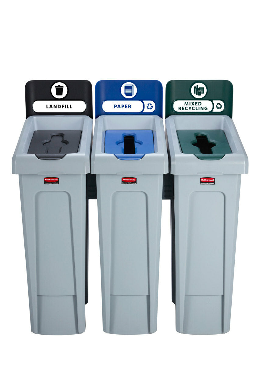 Rubbermaid Systempapierkorb Slim Jim – 87 l – Kunststoff (PP), rechteckig – 3-fach – schwarz/blau/grün/grau