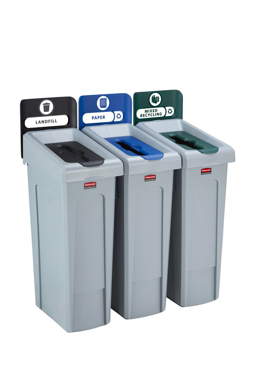 Rubbermaid Systempapierkorb Slim Jim – 87 l – Kunststoff (PP), rechteckig – 3-fach – schwarz/blau/grün/grau