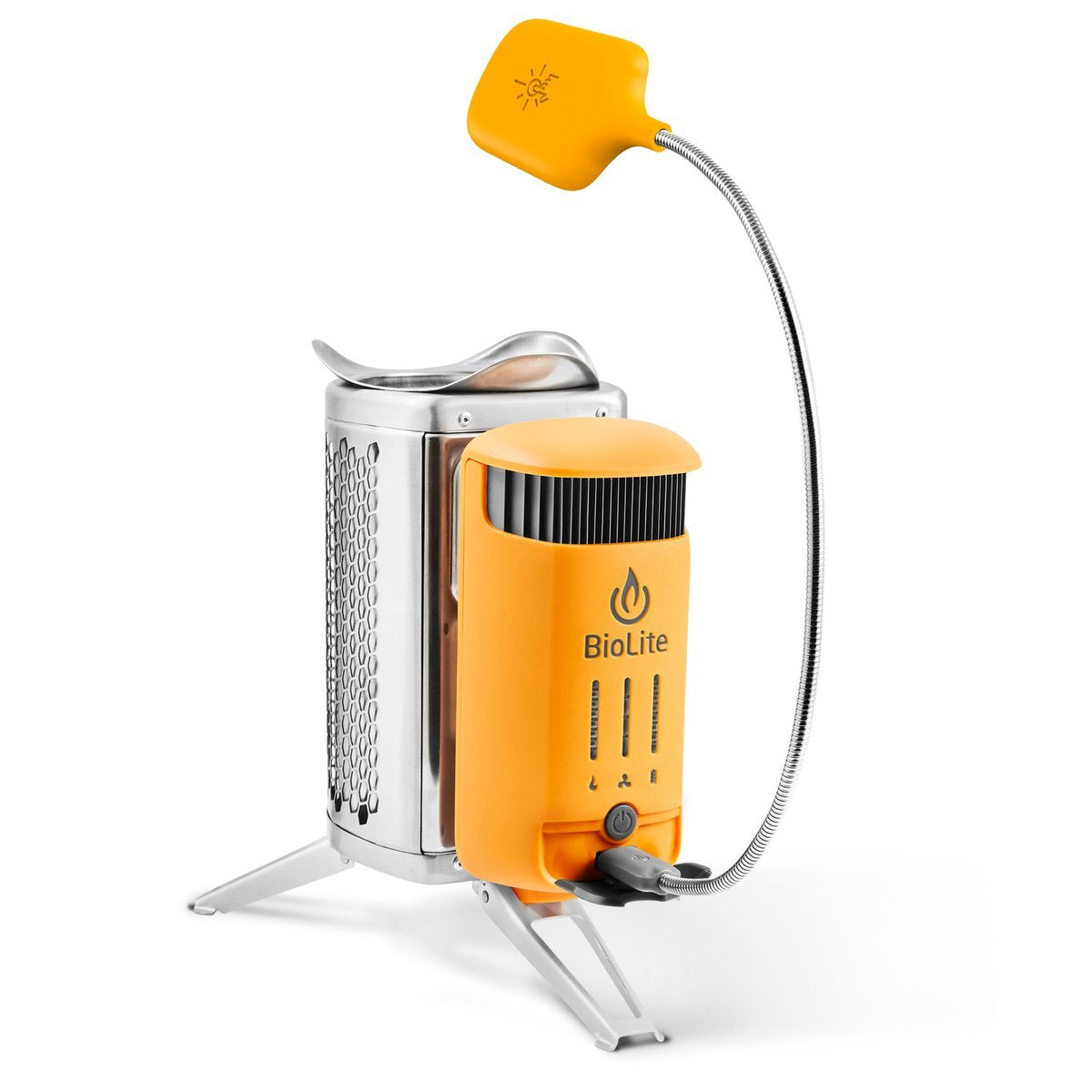 BioLite Camping-Kocher Campstove 2+ – Holz, 3200 mAh Akku, USB-Ladeausgang – Gelb/Aluminium