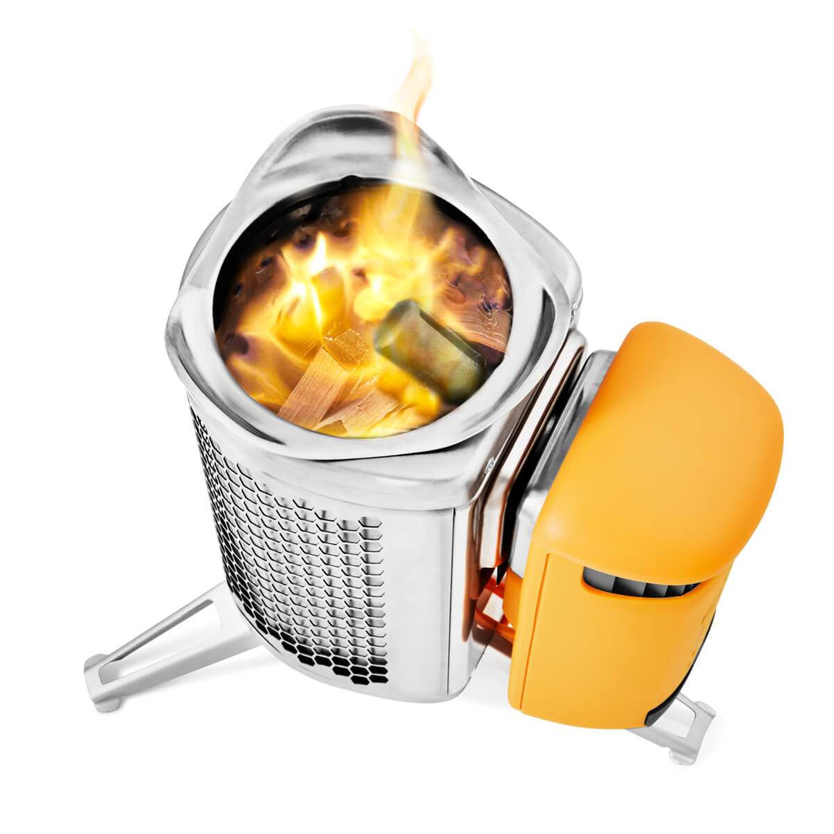 BioLite Camping-Kocher Campstove 2+ – Holz, 3200 mAh Akku, USB-Ladeausgang – Gelb/Aluminium