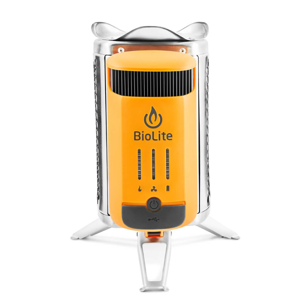 BioLite Camping-Kocher Campstove 2+ – Holz, 3200 mAh Akku, USB-Ladeausgang – Gelb/Aluminium