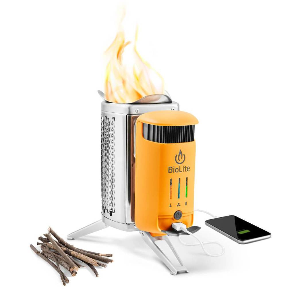 BioLite Camping-Kocher Campstove 2+ – Holz, 3200 mAh Akku, USB-Ladeausgang – Gelb/Aluminium