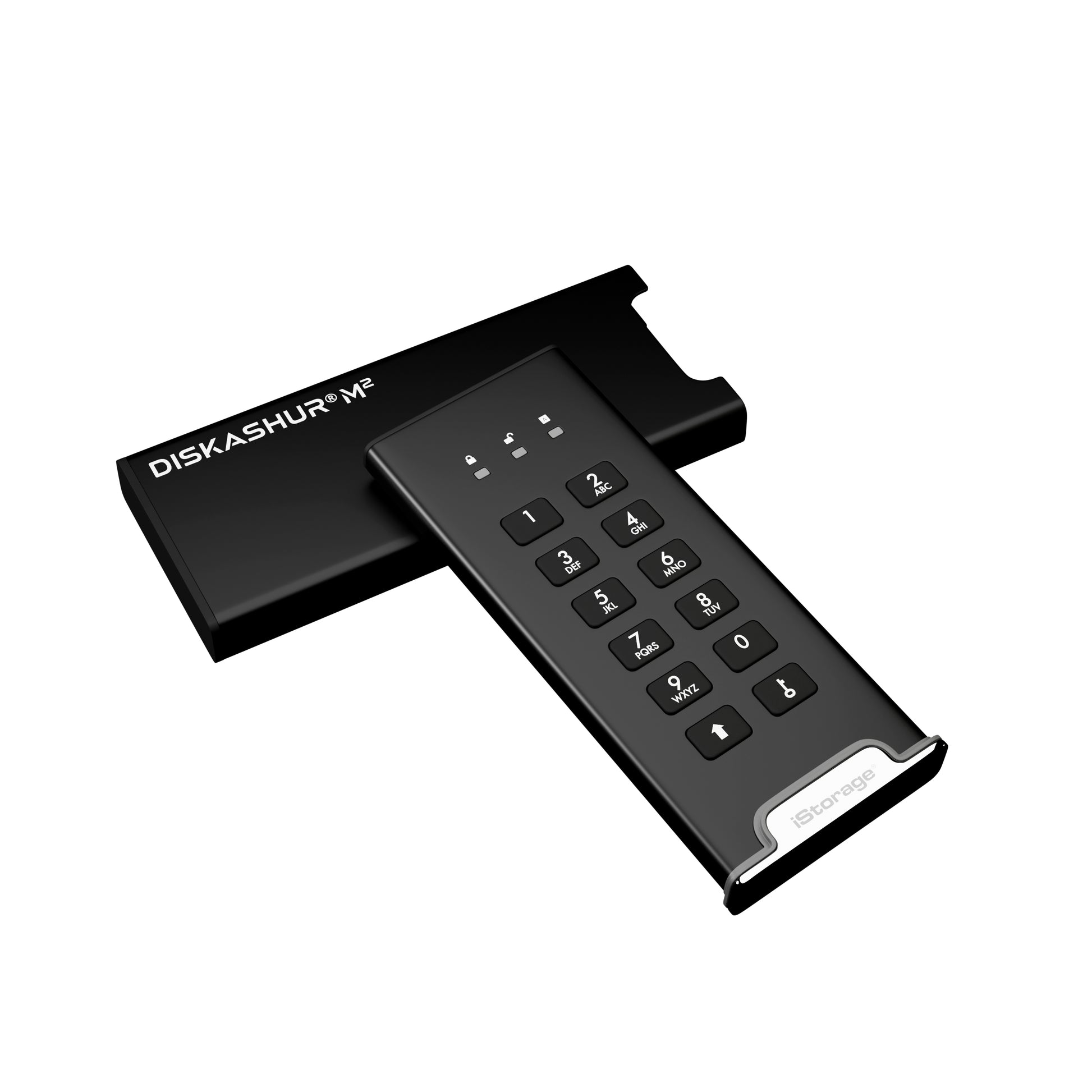 iStorage diskAshur M2 500 GB – M.2 SSD, USB-C/USB-A, 370 MB/s, AES-XTS 256-Bit, FIPS 140-3 L3, PIN-Tastatur