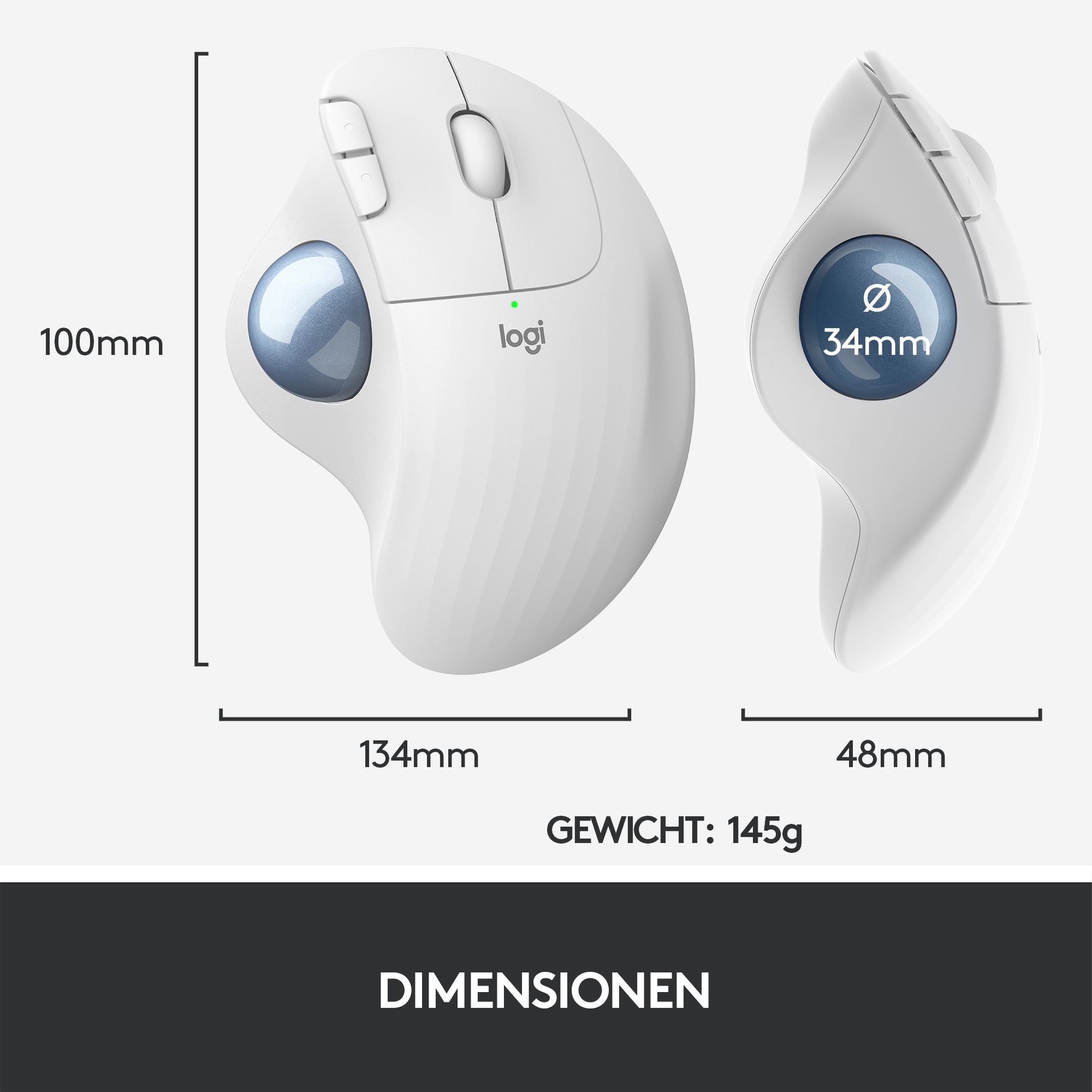 Logitech ERGO M575 – Trackball-Maus – Kabellos (Bluetooth/2,4 GHz), rechts, Weiss