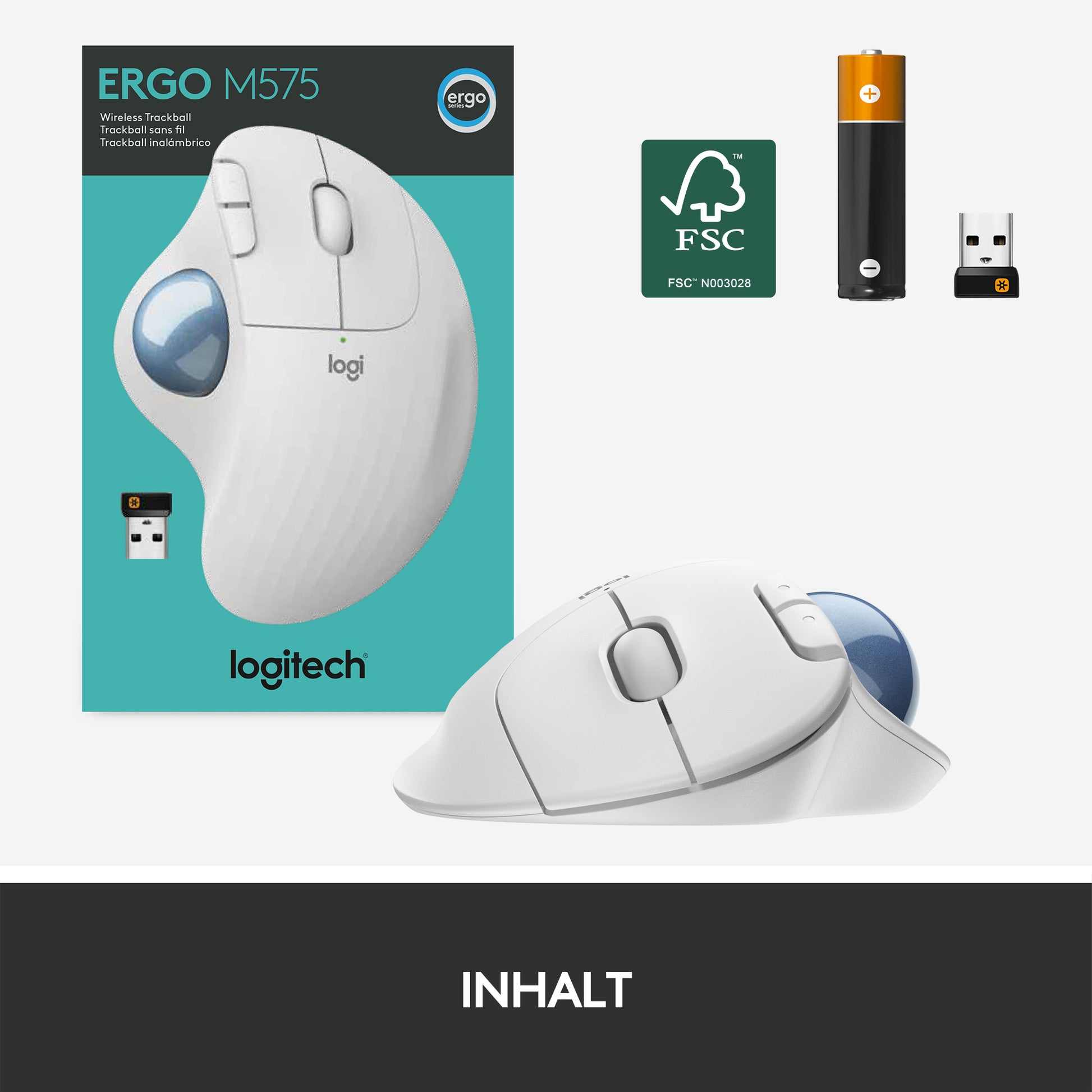 Logitech ERGO M575 – Trackball-Maus – Kabellos (Bluetooth/2,4 GHz), rechts, Weiss