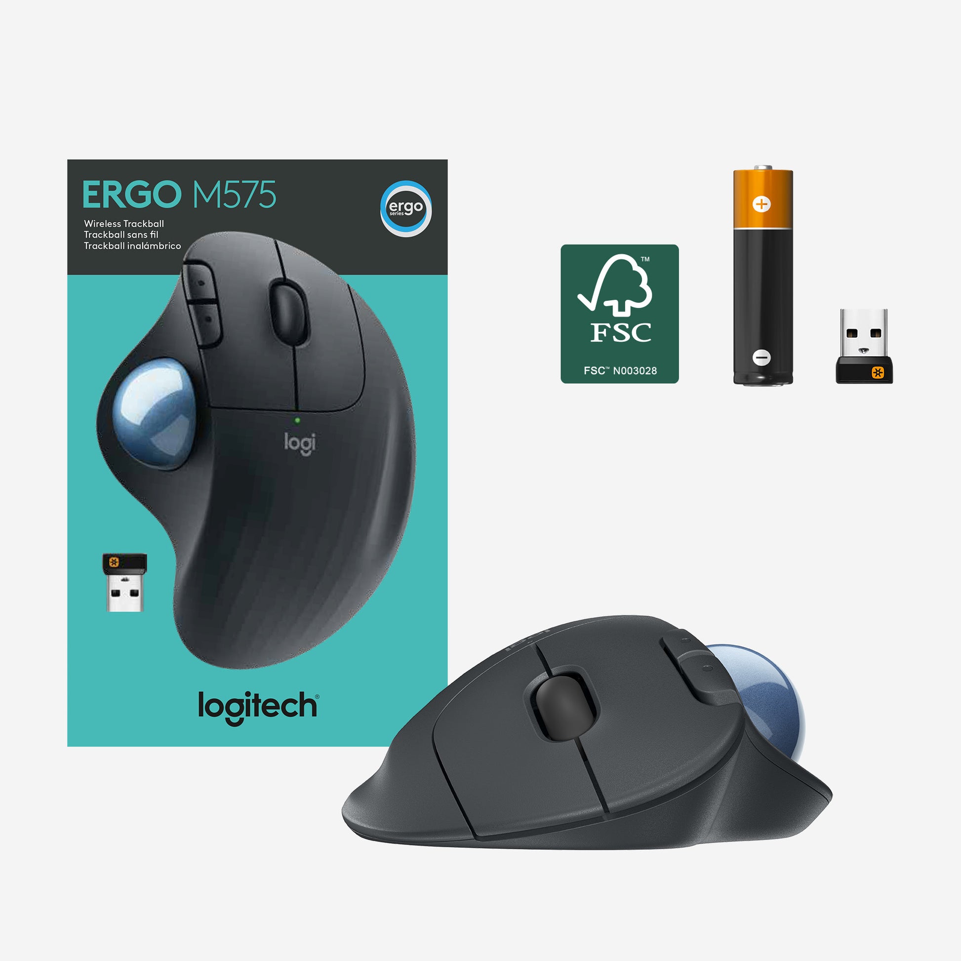 Logitech Ergo M575 Ergonomische Maus – kabellos, Bluetooth + 2,4 GHz, 4 Tasten, für Rechtshänder, schwarz