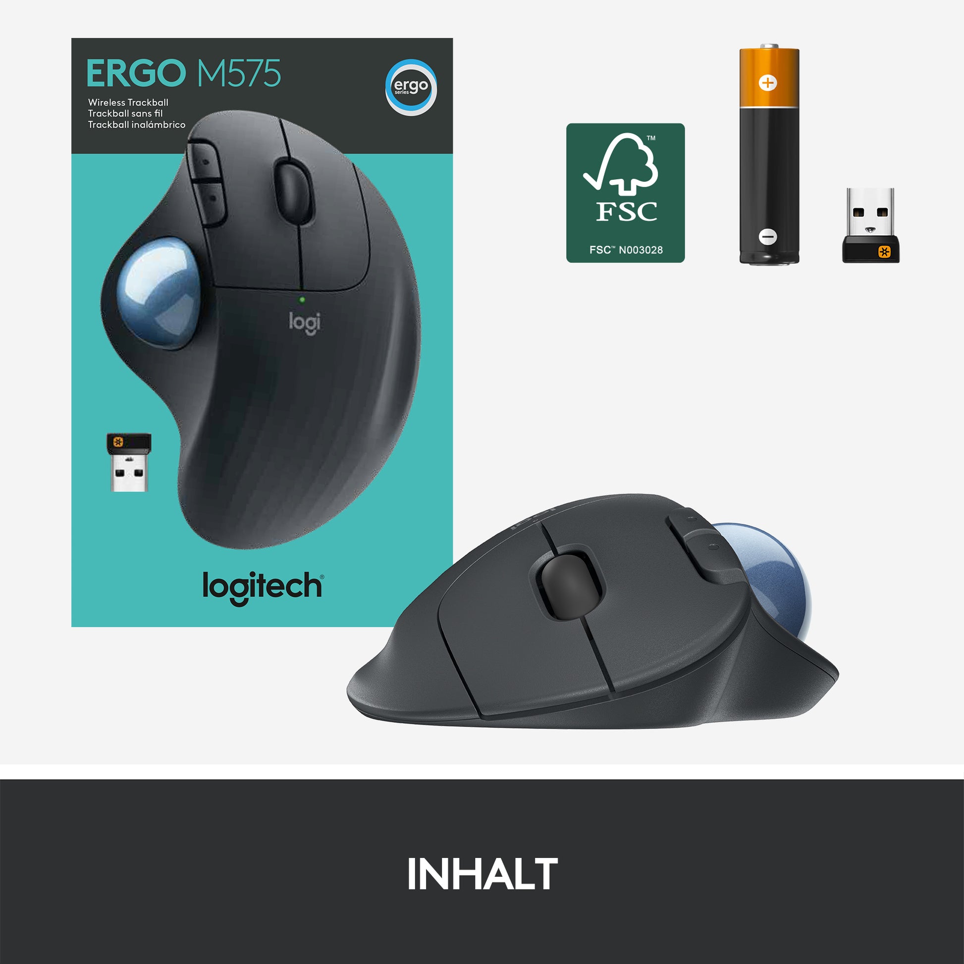 Logitech Ergo M575 Ergonomische Maus – kabellos, Bluetooth + 2,4 GHz, 4 Tasten, für Rechtshänder, schwarz