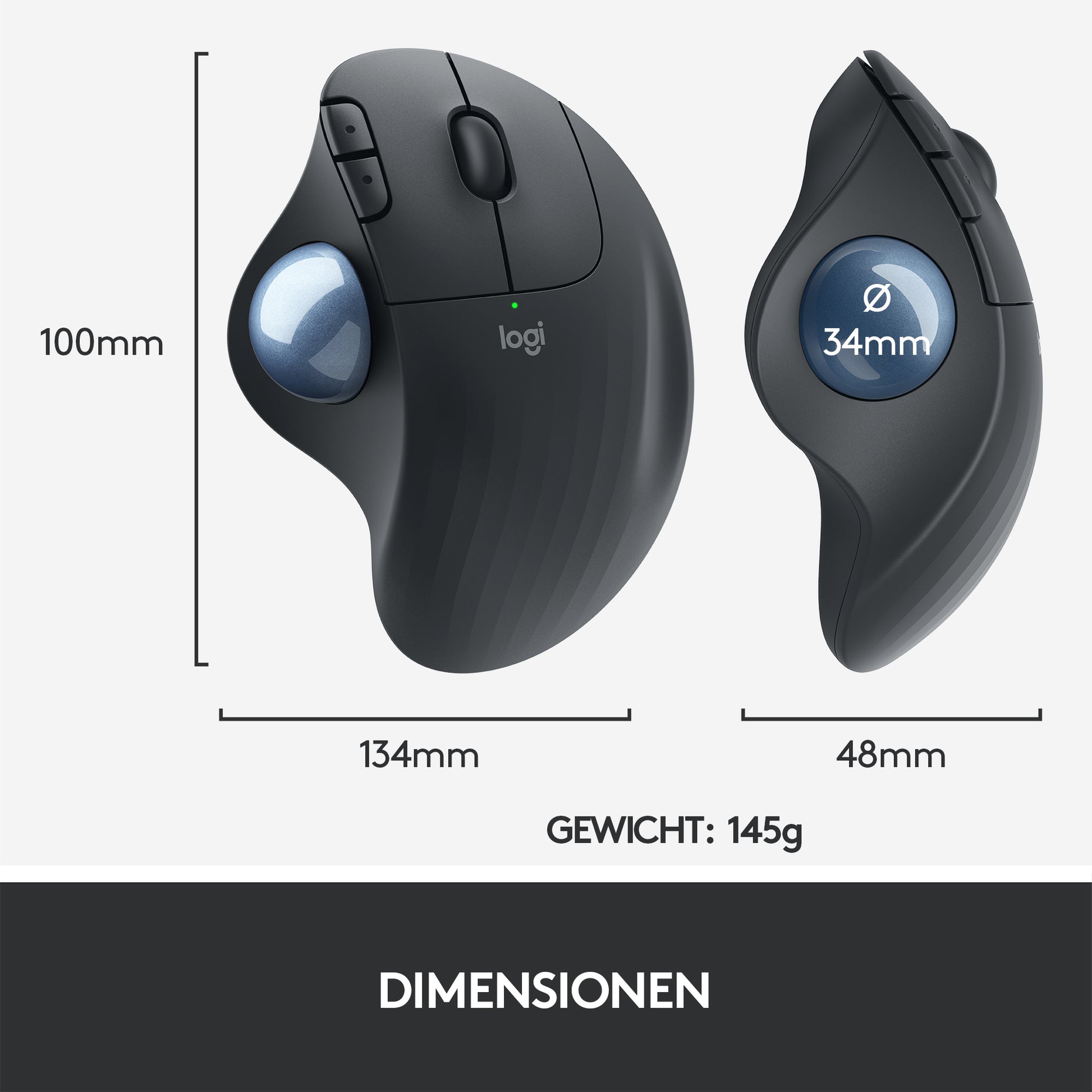 Logitech Ergo M575 Ergonomische Maus – kabellos, Bluetooth + 2,4 GHz, 4 Tasten, für Rechtshänder, schwarz