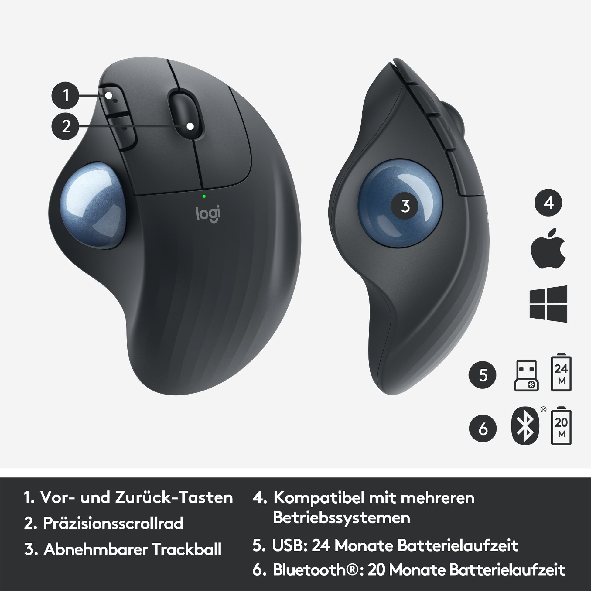 Logitech Ergo M575 Ergonomische Maus – kabellos, Bluetooth + 2,4 GHz, 4 Tasten, für Rechtshänder, schwarz