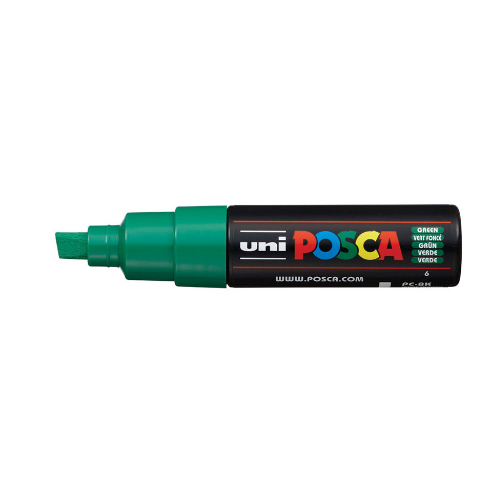 Uni-Ball POSCA PC-8K Kreativ-/Pigmentmarker – Keilspitze 8 mm, grün, feucht abwischbar, deckend – für viele Oberflächen