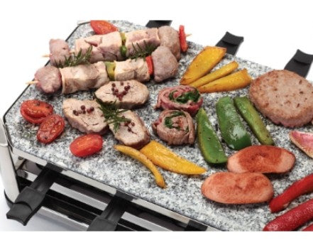 Ohmex Raclette-Grill OHM-GRIL-4500 – 8 Personen, 6 Pfännchen, Hot Stone, 1500 W – schwarz/edelstahl