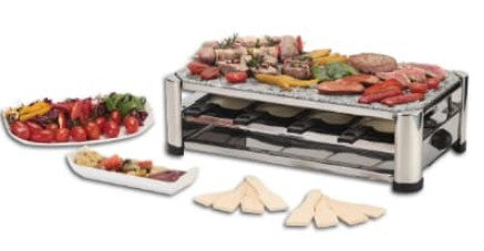 Ohmex Raclette-Grill OHM-GRIL-4500 – 8 Personen, 6 Pfännchen, Hot Stone, 1500 W – schwarz/edelstahl
