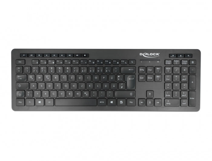 DeLOCK 12004 – Tastatur, kabellos (2,4 GHz), DE-Layout (DE), Fullsize (mit Ziffernblock), Scherenmechanik, Schwarz