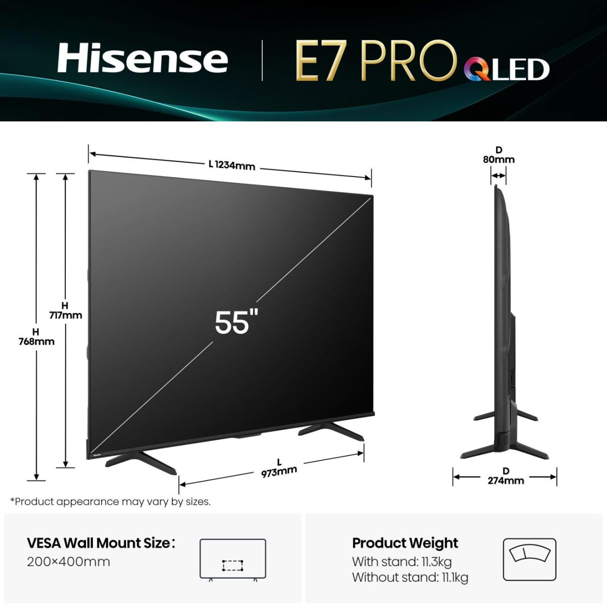 Hisense 55E77Q PRO – 55" TV – 4K UHD – QLED – VIDAA – 144 Hz – 330 cd/m² – Dolby Vision, HDR10, HDR10+