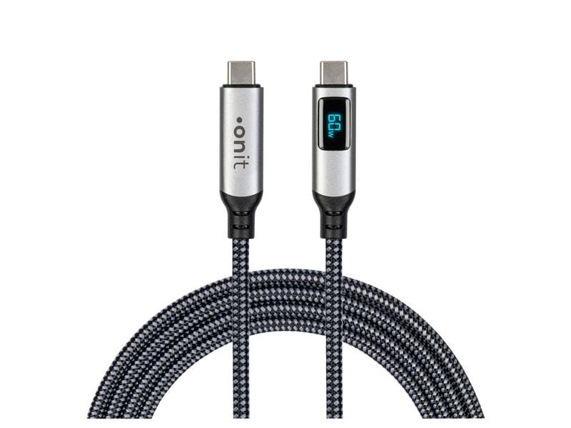 ONIT USB-C auf USB-C Kabel – USB4 20 Gbit/s – 3 m – PD 60 W – Textilmantel, LED-Display – Schwarz/Grau