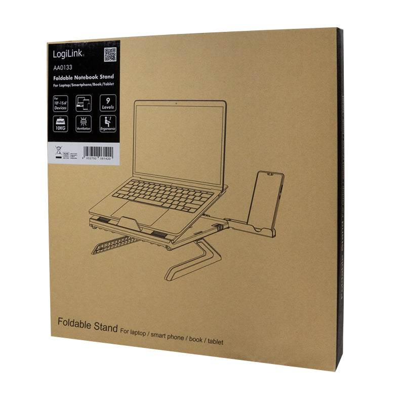 LogiLink Laptop-Ständer – für Notebooks bis 16", faltbar, inkl. Smartphone-Halterung – Schwarz