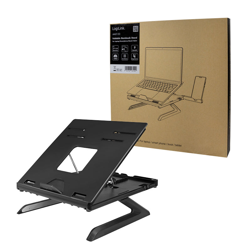 LogiLink Laptop-Ständer – für Notebooks bis 16", faltbar, inkl. Smartphone-Halterung – Schwarz