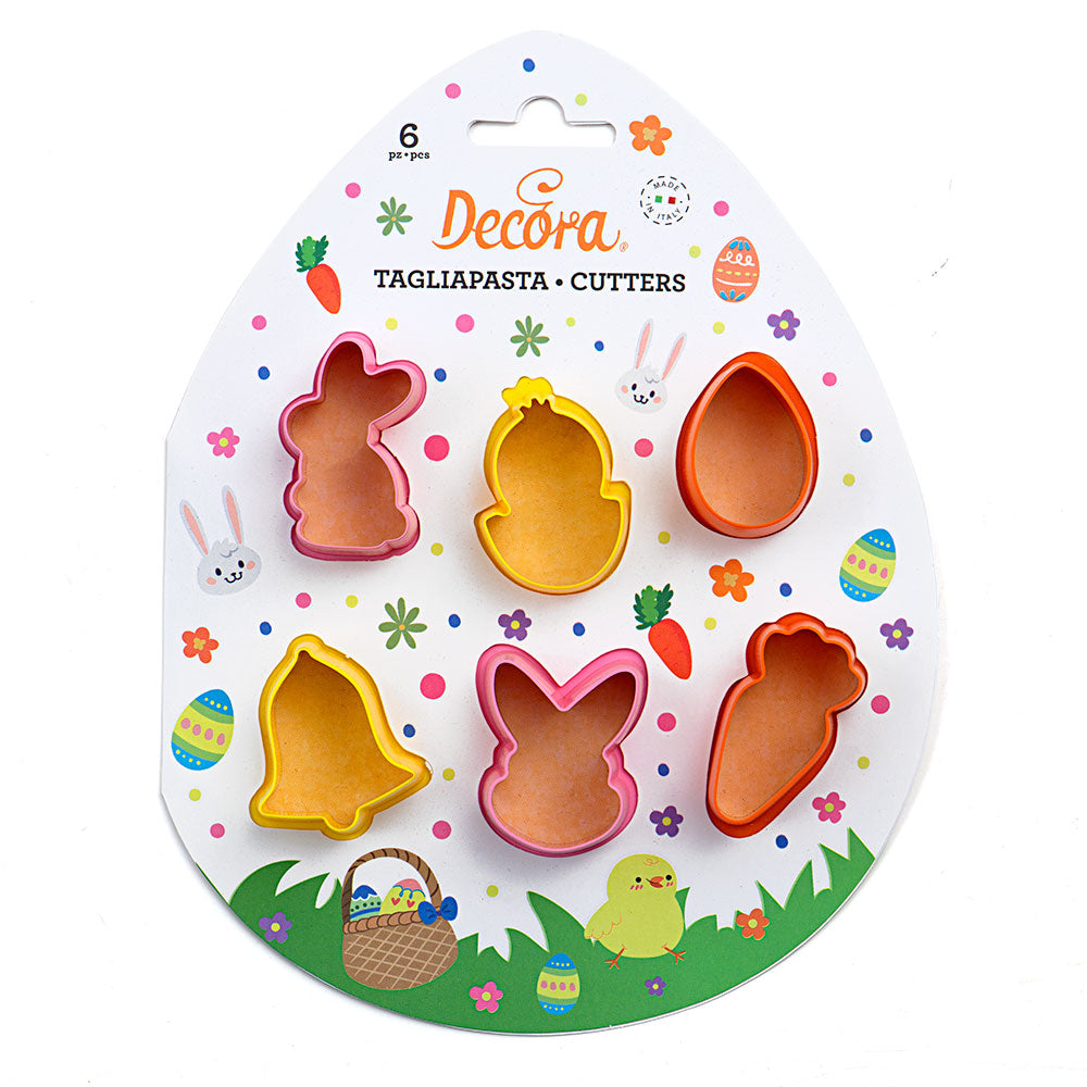 Decora Ausstecher-Set – 6-teilig – Hasenkopf, Glocke, Karotte, Ei, Hase, Küken – Kunststoff – Mehrfarbig