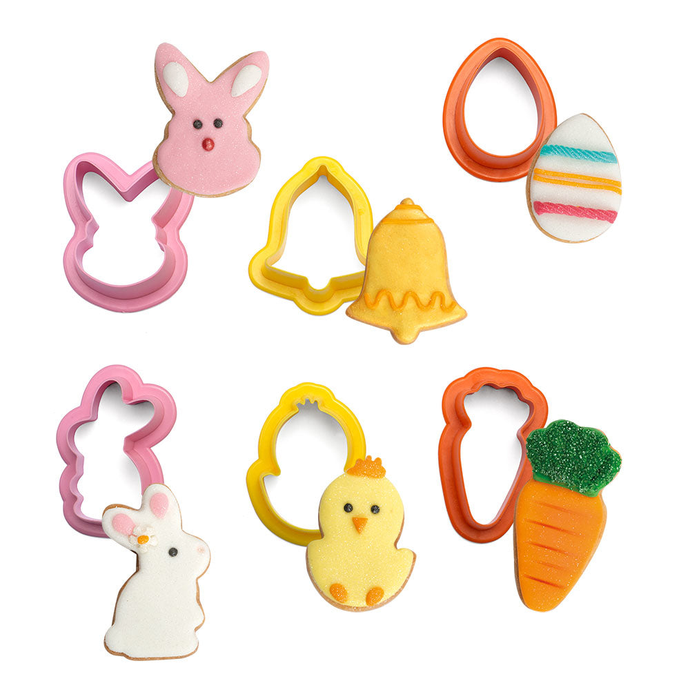 Decora Ausstecher-Set – 6-teilig – Hasenkopf, Glocke, Karotte, Ei, Hase, Küken – Kunststoff – Mehrfarbig