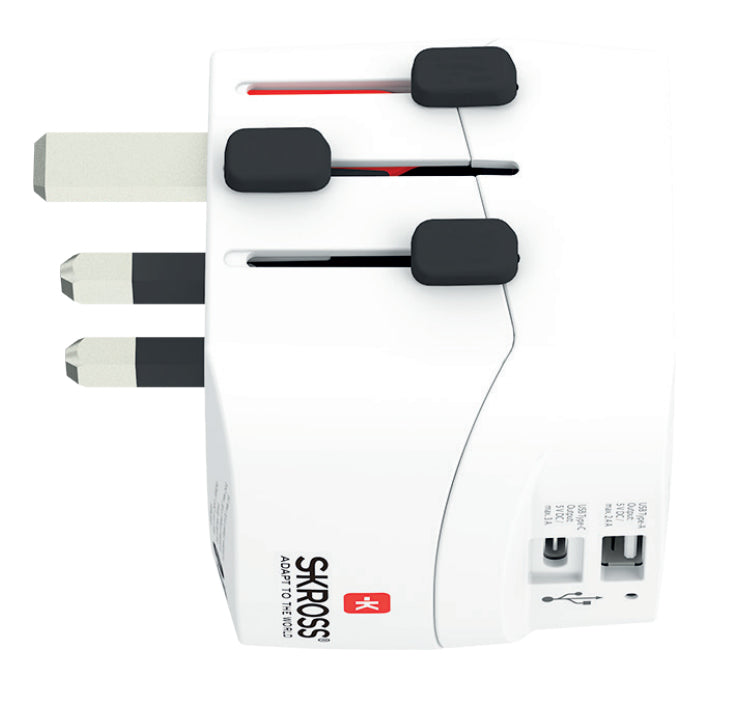 SKROSS – Reiseadapter – von Typ C/F zu Typ B/G/I – mit 2 USB (3 A + 2,4 A) – weiss