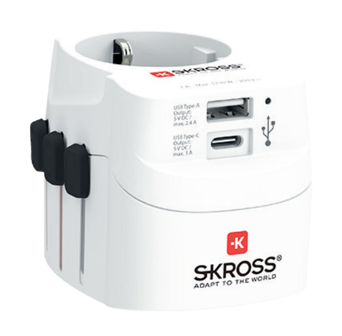 SKROSS – Reiseadapter – von Typ C/F zu Typ B/G/I – mit 2 USB (3 A + 2,4 A) – weiss