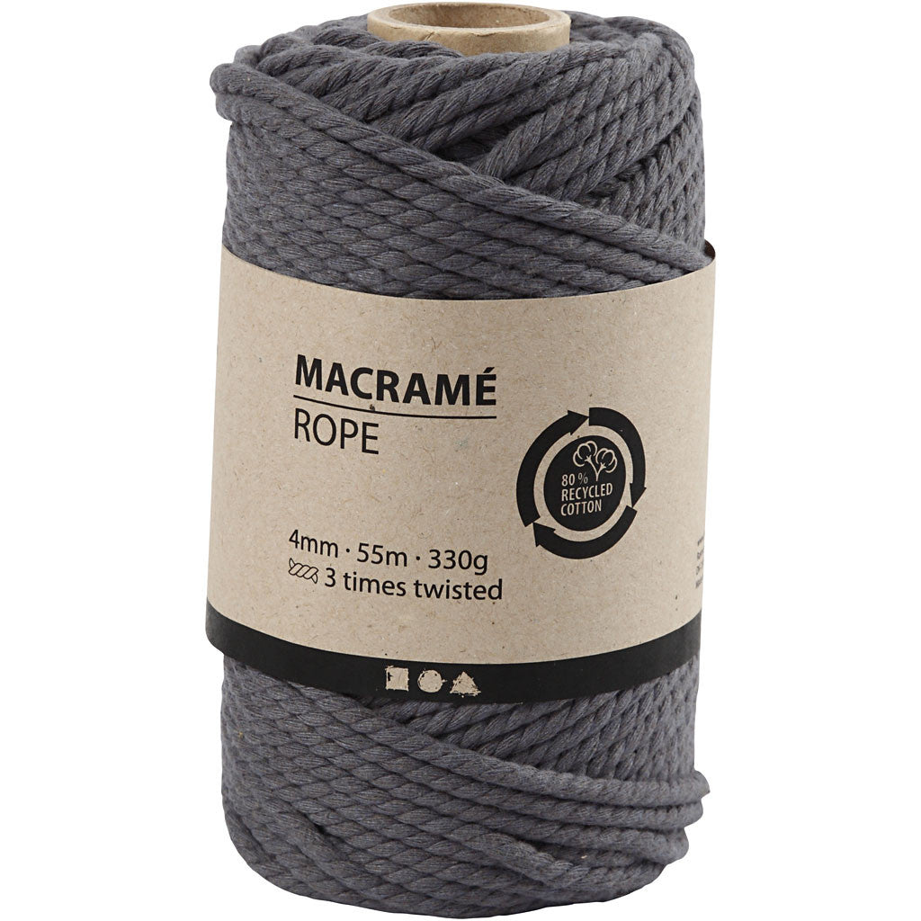 Creativ Company Seil Makramee-Kordel Grau – Ø 4 mm, 330 g, 55 m, Baumwolle