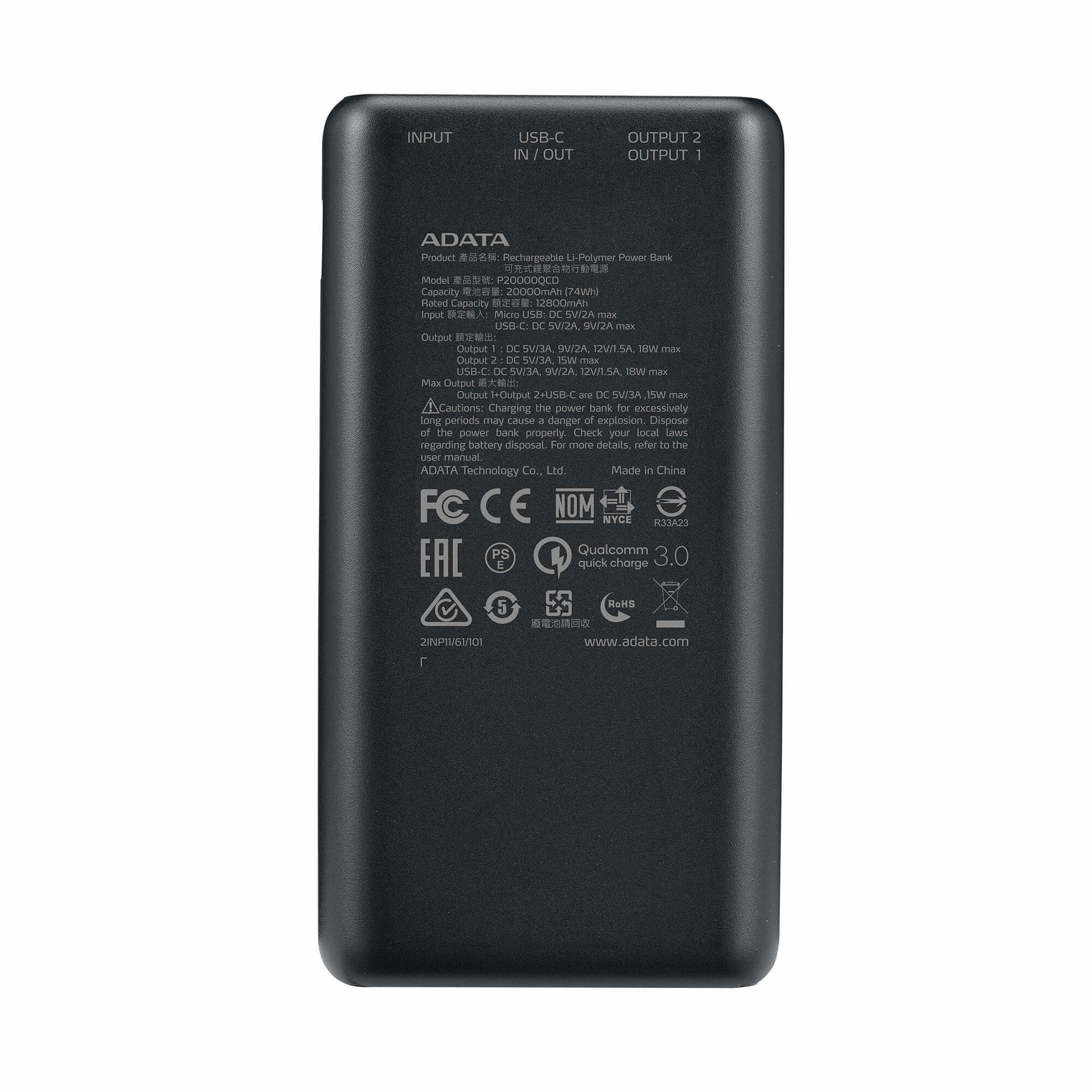 ADATA Powerbank 20000 mAh, PD 18 W, 2× USB-A, 2× USB-C, Blau