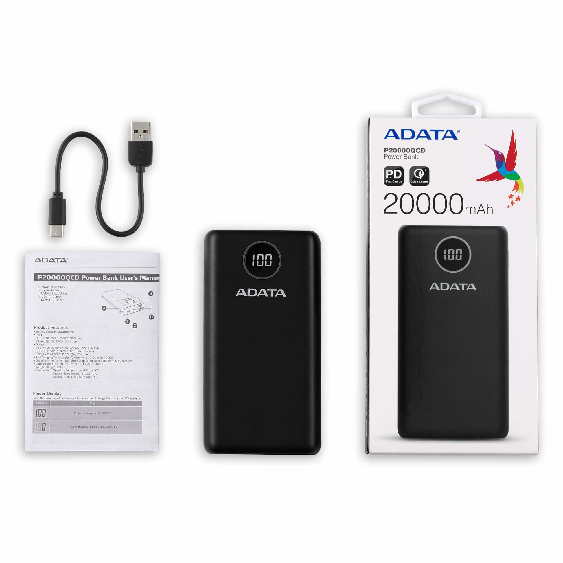 ADATA Powerbank 20000 mAh, PD 18 W, 2× USB-A, 2× USB-C, Blau
