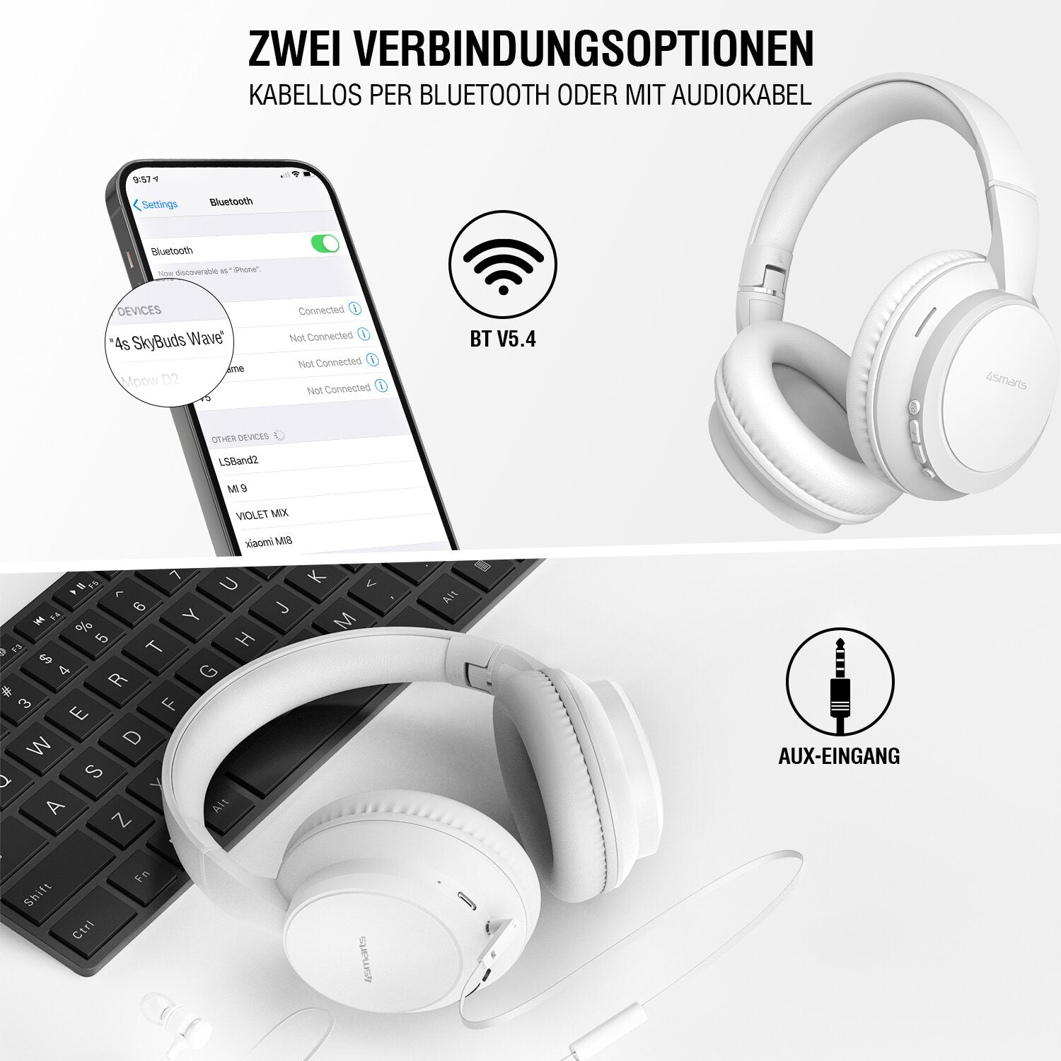 4smarts SkyBuds Wave Over-Ear Kopfhörer – Kabel + BT, 3,5 mm Klinke, USB-C, Weiss, BT 5.4
