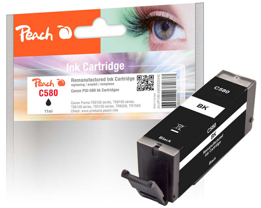 Peach PGI-580 Schwarz Tintenpatrone (Kompatibel) – 11 ml – für Canon TR 7500/7520/7550, TS 6150/6151 …