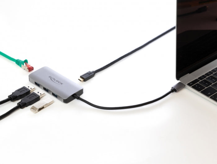 DeLOCK 63252 Multiport-Adapter – USB-C, 3× USB-A, GbE, für Windows/Mac