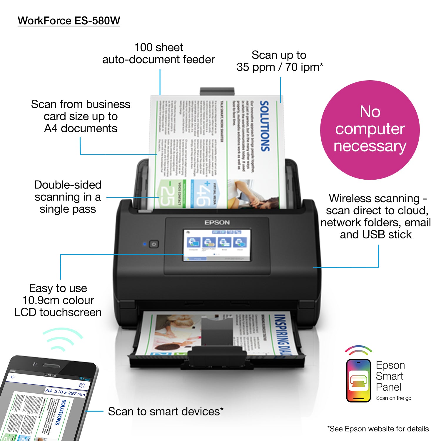 Epson WorkForce ES-580W – Dokumentenscanner, A4, Duplex, 35 ppm, 600 dpi, ADF 200 Blatt, WLAN, USB