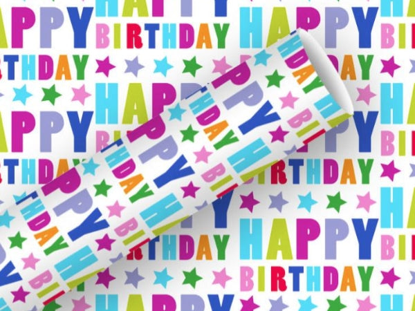 Braun + Company Geschenkpapier – Happy Birthday, Sterne – aluminiumbedampftes Papier, 83 g/m2 – 700 × 1500 mm