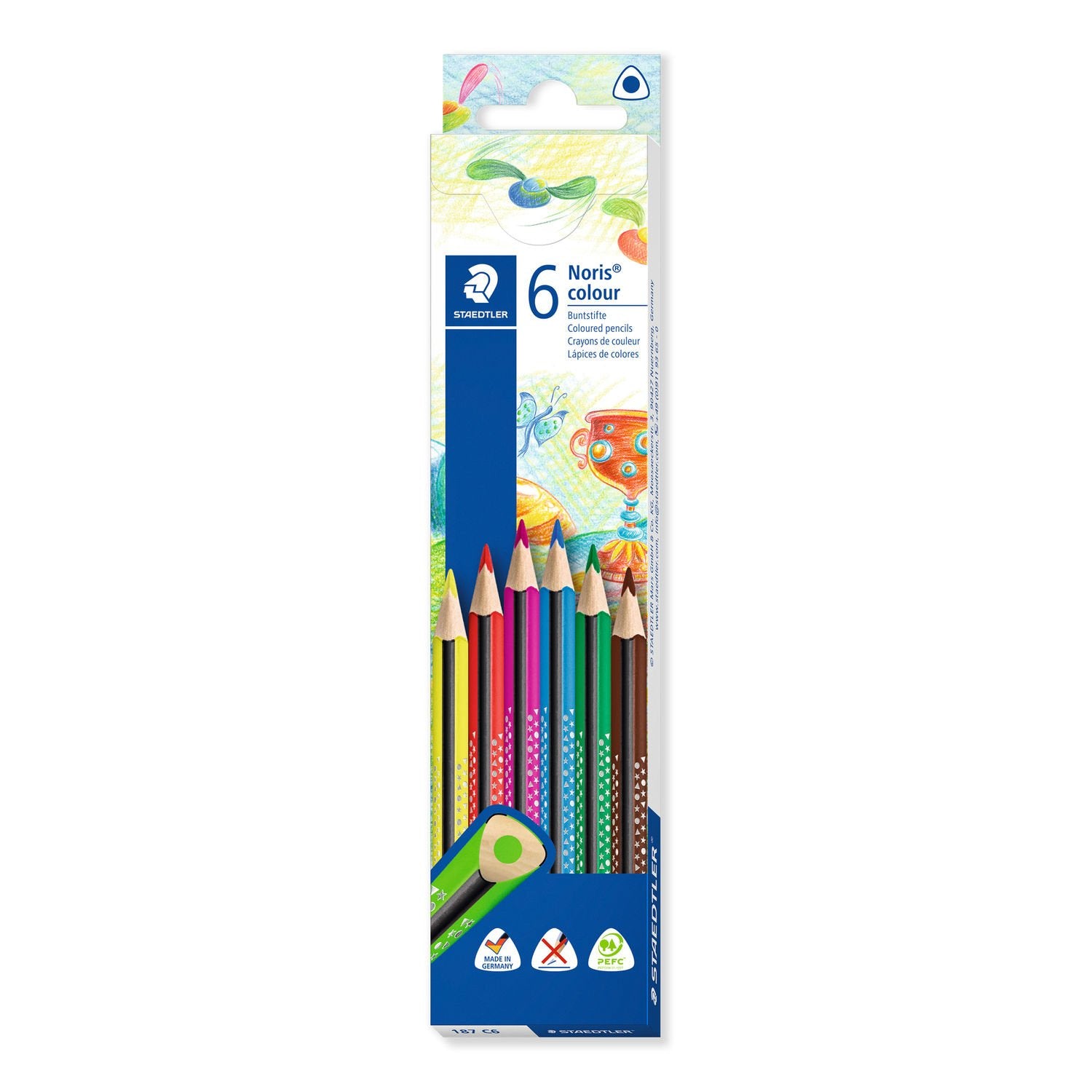 Staedtler Buntstifte Noris Colour Upcycled Wood – Dreikant, 6 Farben, in Kartonetui